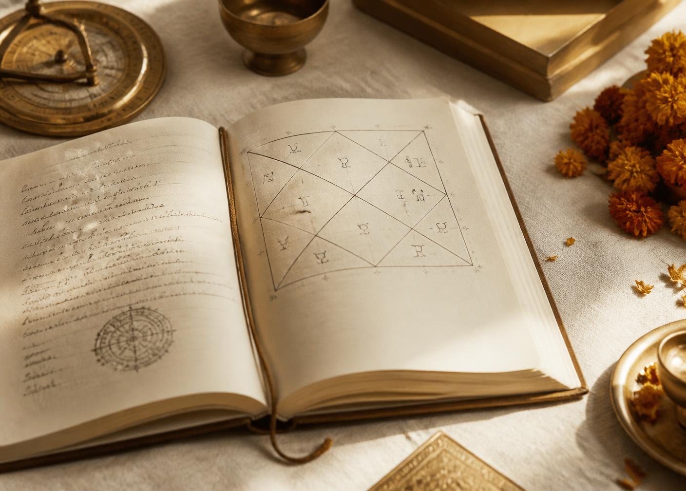 An open notebook with a hand-drawn Vedic birth chart beside brass instruments and marigold flowers